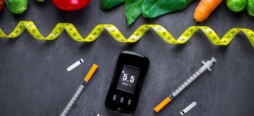 Image featuring syringes, blood sugar monitor, measuring tape, and fresh vegetables, relevant to managing type 2 diabetes